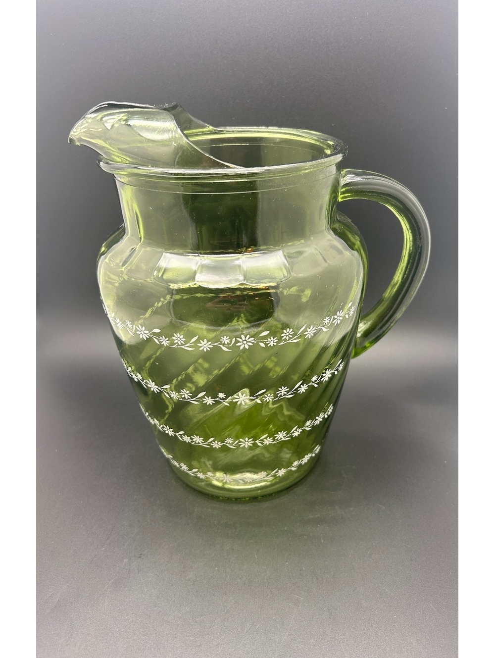 Vintage Avocado Green Glass Pitcher with White Daisies - Optic Swirl